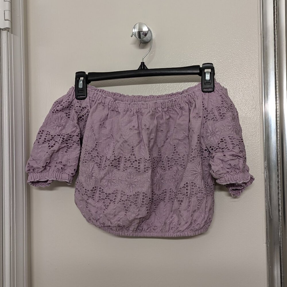 Lavender eyelet off the shoulder crop top
